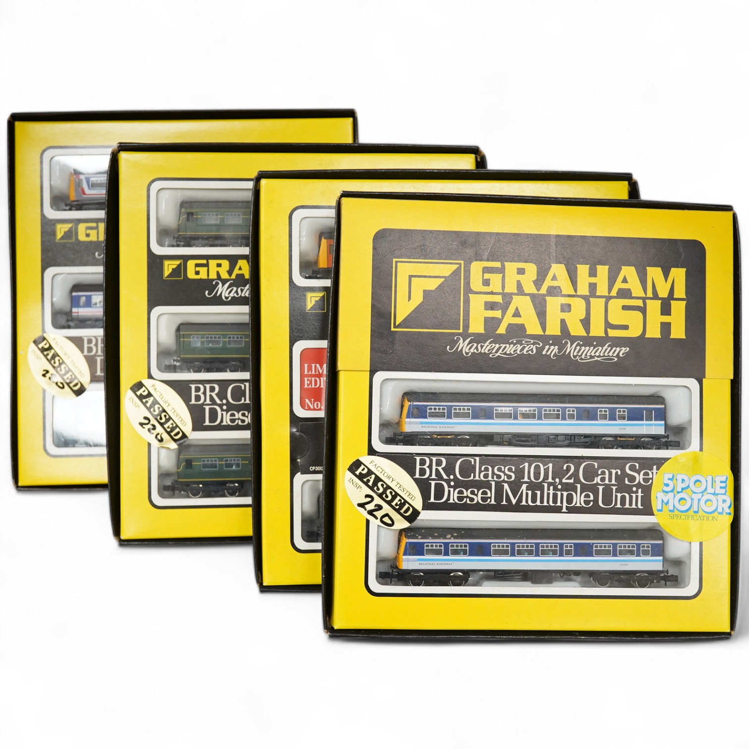 Four boxed Graham Farish N gauge railway Class 101 train packs; a BR Regional Railways 2-car DMU (8131), a Strathclyde 3-car DMU (814A), a BR 3-car DMU (8143) and a Network SouthEast 3-car DMU (8148). Condition - good.